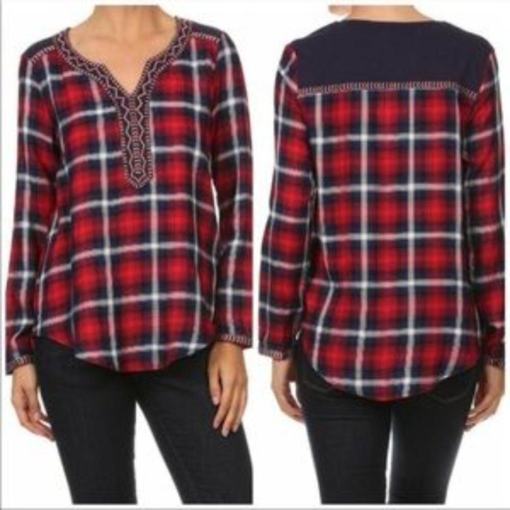 THML Red Blue Plaid Embroidered Western Pop Over Top Size M - Picture 1 of 8